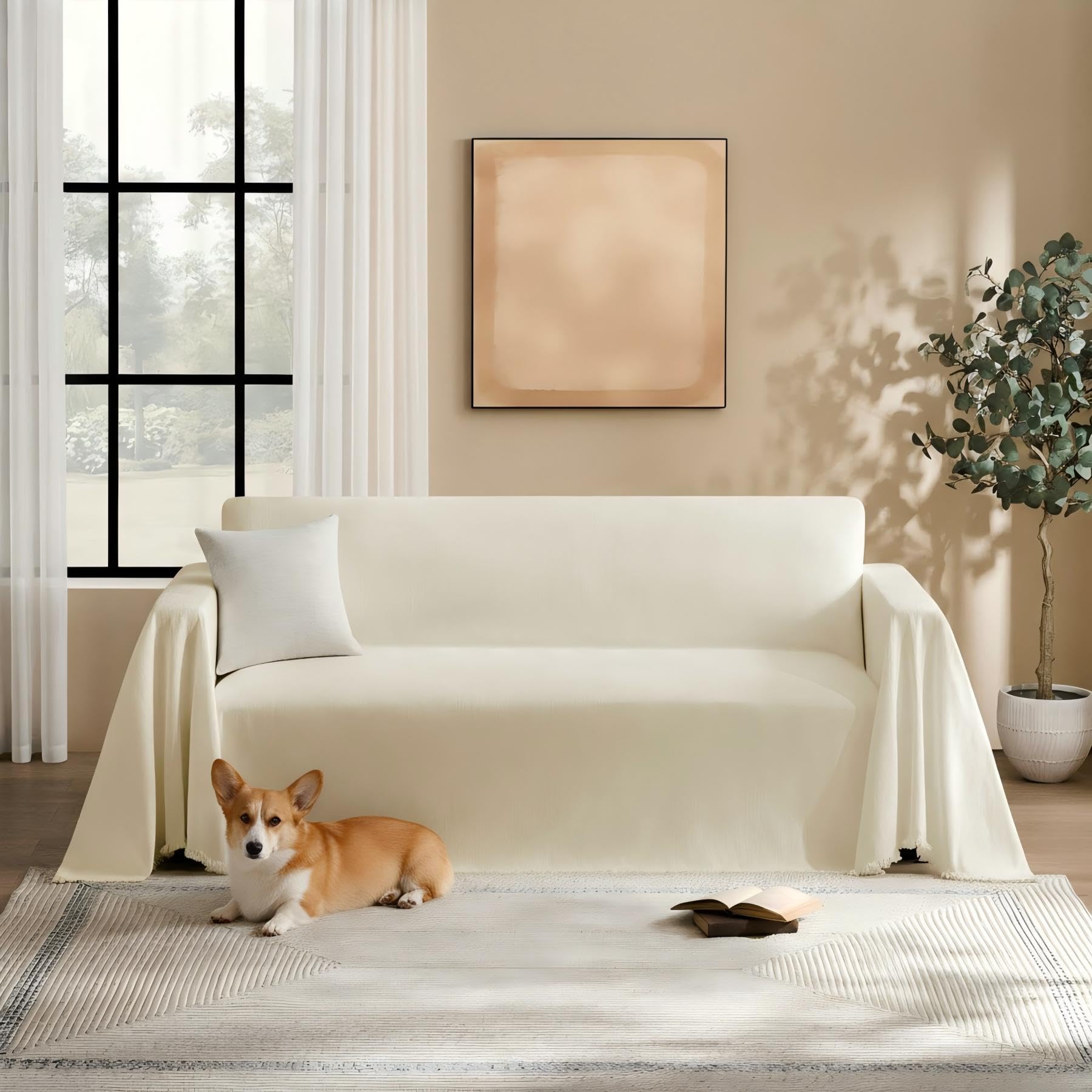 Photo 1 of Maymiss Couch Cover for Dogs Sectional Sofa Covers Washable for 2 Cushion Couch, Chenille Couch Cover Blanket, Sectional Sofa Slipcovers, Multi-Use Furniture Protector for Kids, Pets, 71" X118", Beige