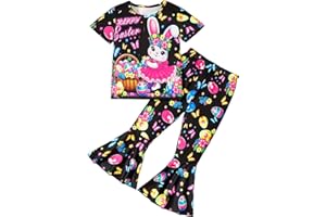 Xumplo Girls Easter Outfits Kids Bunny Egg Print Short Sleeves T-Shirt Tops and Bell-bottom Pants Clothing Set