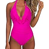SUUKSESS Women Sexy Halter One Piece Swimsuits Ruffle Tummy Control Bathing Suit