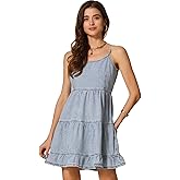 Allegra K Denim Dress for Women's Spaghetti Strap Mini Ruffled Sleeveless Denim Dresses
