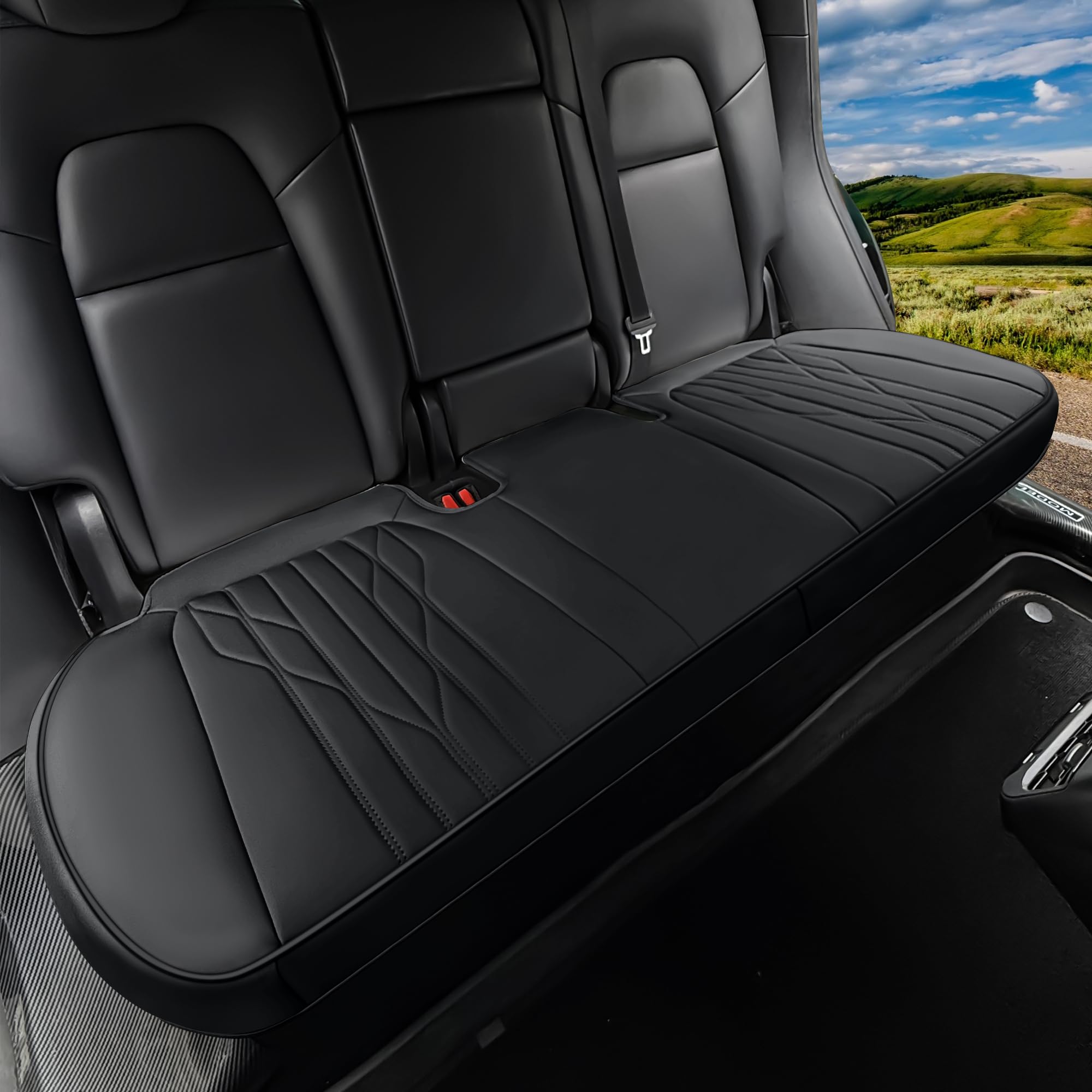 Photo 1 of SanQing Car Seat Cover Luxury Napa Leather Seat Covers for Tesla Model Y Car Rear Seat Bottom,Heavy Duty Seat Cushion Protector Without Backrest (Black Rear)