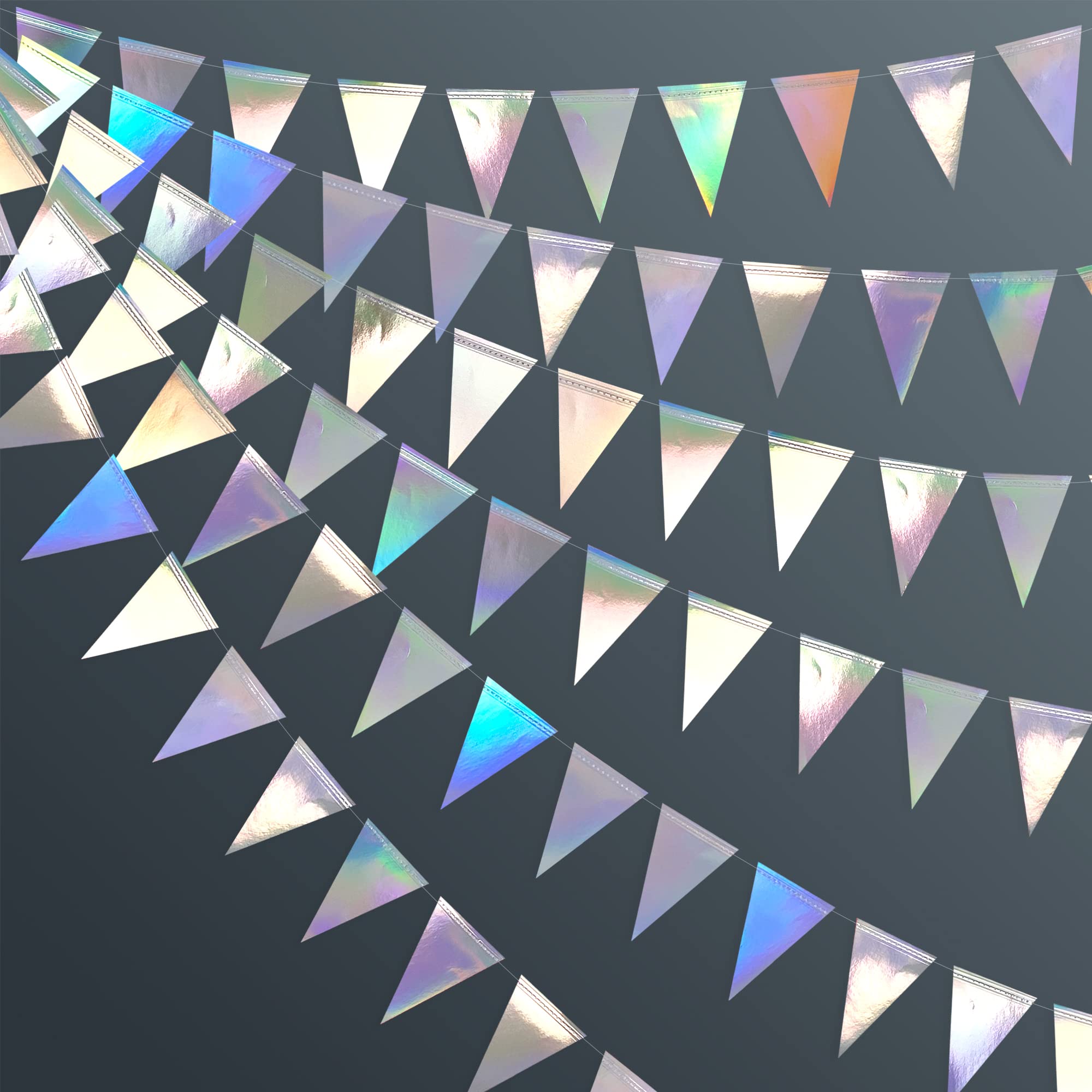 40 Ft Iridescent Triangle Banner Flag Double Sided Metallic Holographic Paper Pennant Bunting Garland for Birthday Anniversary Engagement Wedding Bridal Baby Shower Graduation Hen Party Decorations