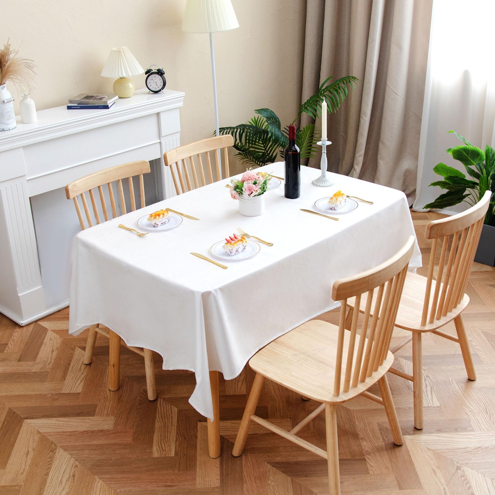 Velway Linen Table Cloth Waterproof 140x200cm Rectangle Table Cover Wipe Clean 6 to 8 Seater Dining Table Cover Washable Fabric Tablecloth Indoor & Outdoor for Kitchen Picnic Tabletop Decor, White