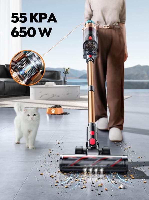 Aspirateur Balai sans Fil, 55KPA 650W 70Mins Aspirateur sans Fil Puissant avec Brosse Matelas, Tuyau 1M, Mode Auto, Écran Tactile, Aspirateur Balai Parfumé pour Poils d’Animaux/Maison/Voiture