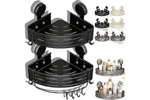 Triangle Suction Cup Shower Caddy, No Drill Bathroom Corner Shelf, 2-Tier Shower Organizer with Towel Bar & Hooks, Rust Resis