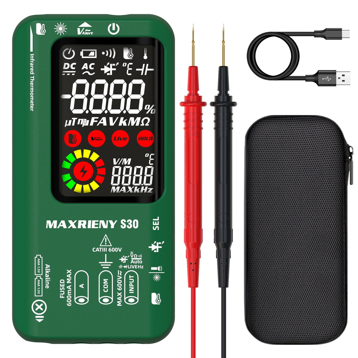 MAXRIENY Digital Multimeter Infrared Thermometer Rechargeable Smart Voltmeter 9999 Counts Electrical Current Tester Capacitance, High/Low Voltage Diode Tester for LED Automotive Electrician Electronic