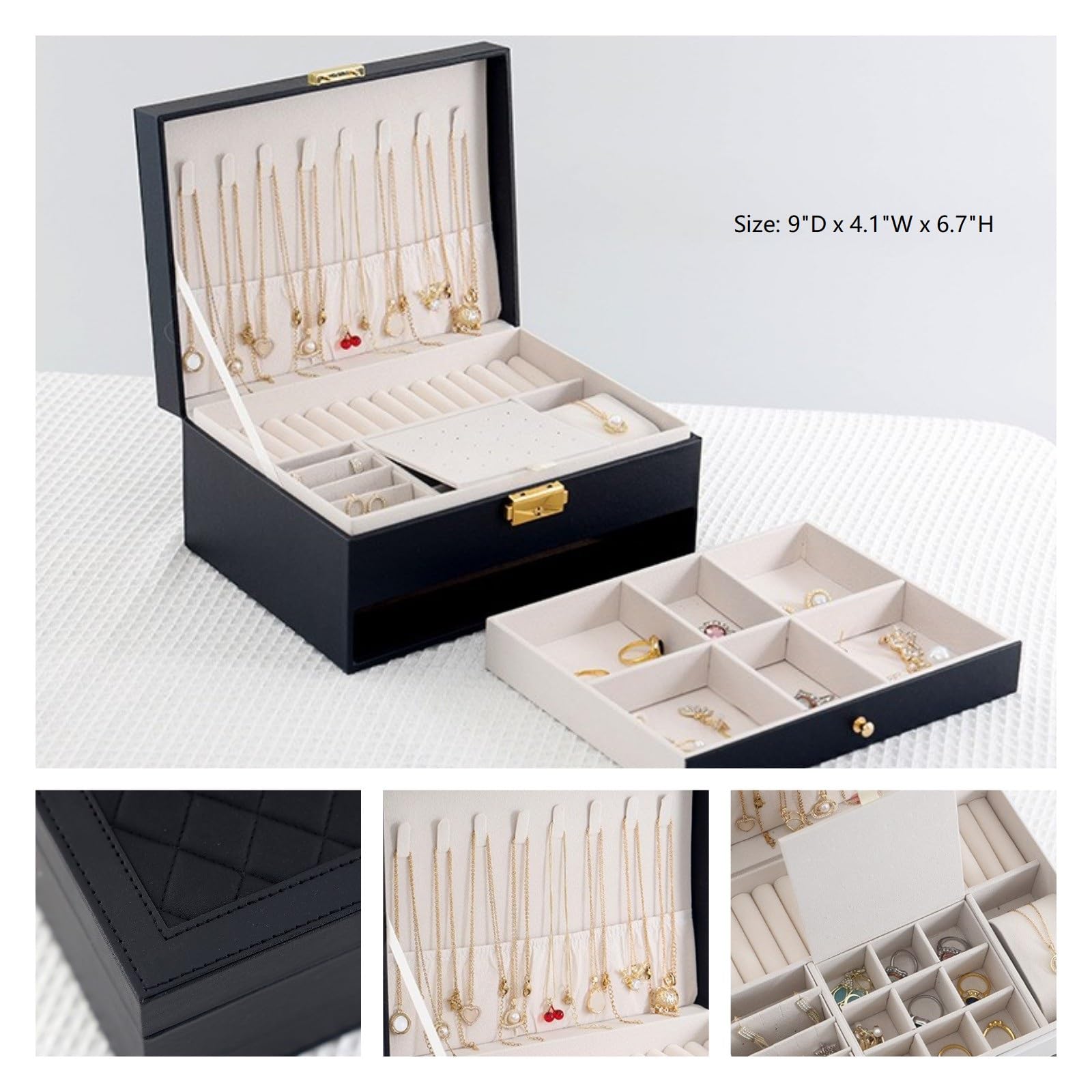 GUOER GUOER Jewelry Box for Women Girl Wife - Large PU Leather Jewelry Organizer Storage Case with Two Layers Display for Earrings Bracelets Rings Watches (Black)