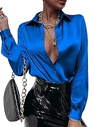MakeMeChic Women's Satin Silk Long Sleeve Blouse