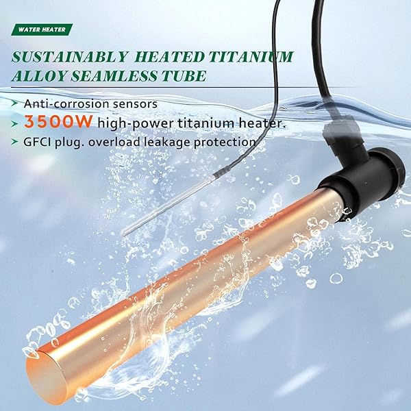 3500W 240V TITANIUM FULLY SUBMERSIBLE PORTABLE ELECTRIC IMMERSION LARGE POOL WATER HEATER WATERPROOF HOT TUB HEATER WITH LCD THERMOSTAT & GFCI PLUG, FOR SWIMMING POOL, BATHTUB, BAPTISTRY, BUCKET (GY)