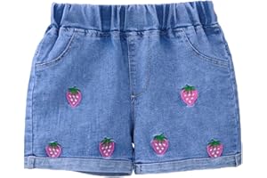 Baby Girls Strawberry Carrot Jean Shorts Toddler Cute Embroidery Baggy Denim Shorts Elastic Waist Summer Casual Jorts