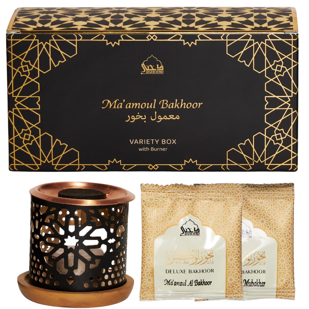 Maamoul Bakhoor Variety Box & Burner by Dukhni | Islamic Gift Set of Arabian Oud Bakhour and candle bakhoor burner, for men and women | 10 pcs arabic incense, 5 mixed scents | Starter Bukhoor Kit