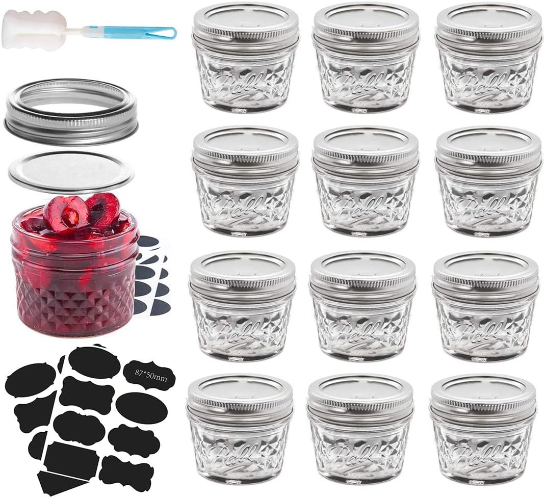 Mason Jars Canning Jars, 4 OZ Jelly Jars With Lids, Ideal for Jam, Honey, Wedding Favors, Shower Favors, Baby Foods, DIY Magnetic Spice Jars, 12 PACK