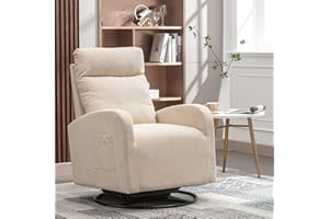 Deolme 360 Swivel Accent Glider Rocking Chair, Comfy Tufted Upholstered Glider Rocker for Nursery, Modern Armchair with Tall Back and Side Pocket for Living Room, Bedroom (Beige)