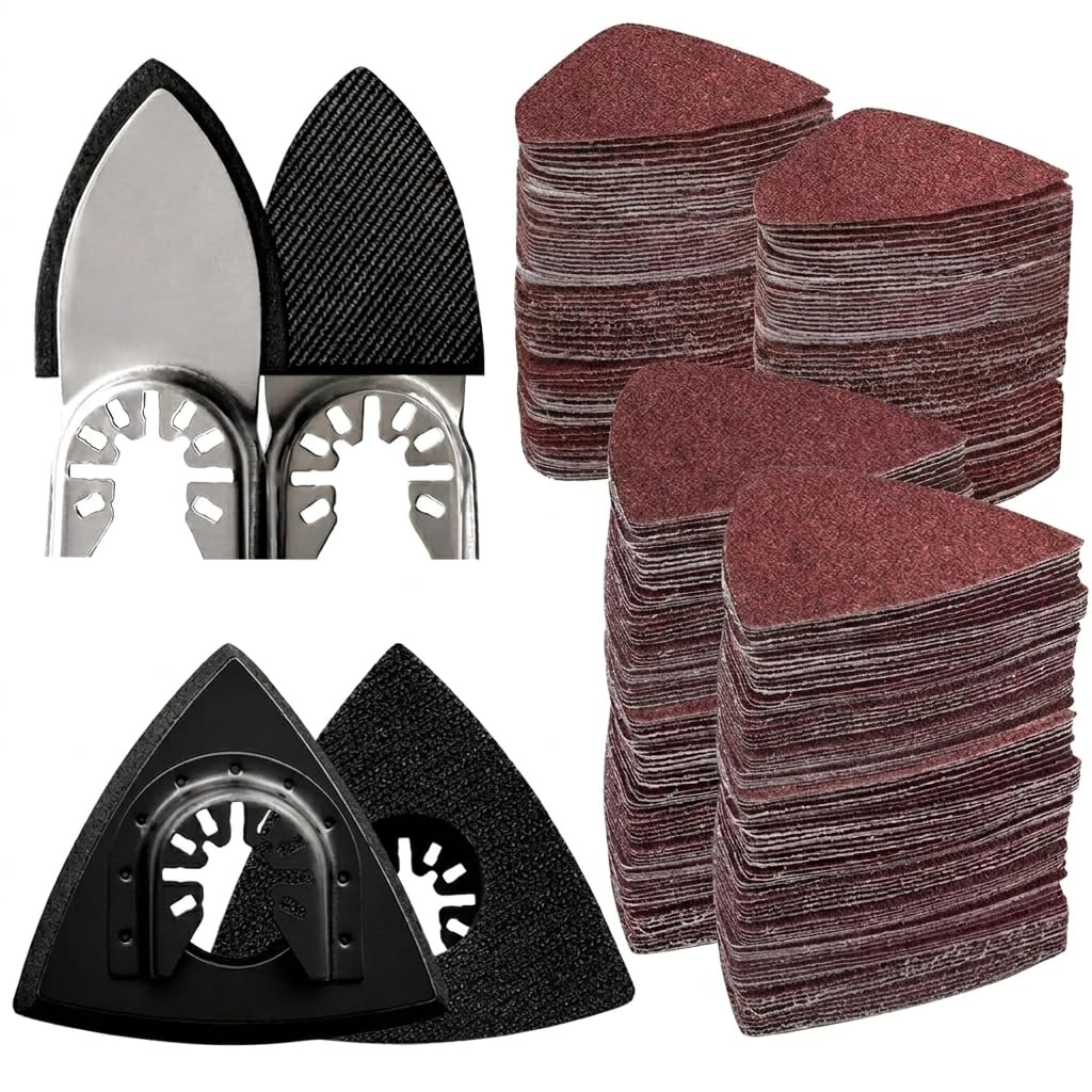 Photo 1 of 104Pcs Upgraded Oscillating Tool Sanding Pads, Heavy-Duty Hook & Loop Strong Adhesion, Wear-Resistant Detail Sander Pads with 2 Triangle & 2 Finger Pads, 100 Sandpaper Sheets for Wood, Drywall