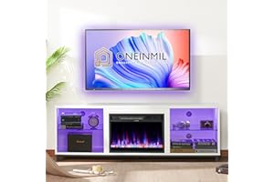 oneinmil 68 Inch Modern Fireplace TV Stand for TV up to 78 Inch for Living Room, TV Cabinet with 3D Electric Fireplace, Wood Storage TV Console, Media Entertainment Center with Cable Holes，White