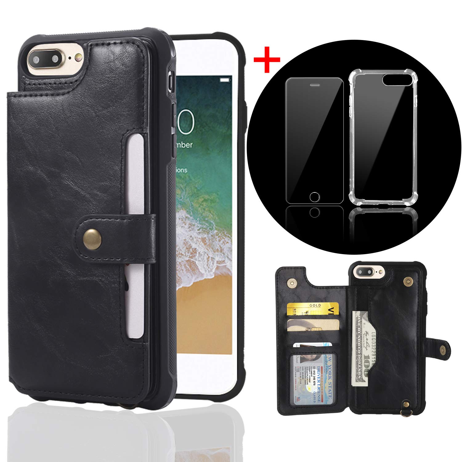 bangcool iPhone 8 Plus Wallet Case Credit Card Holder Slim Shockproof Flip Case Cover Compatible iPhone 7 Plus/8 Plus Clear Bumper Soft TPU Cover Case Screen Protector Glass