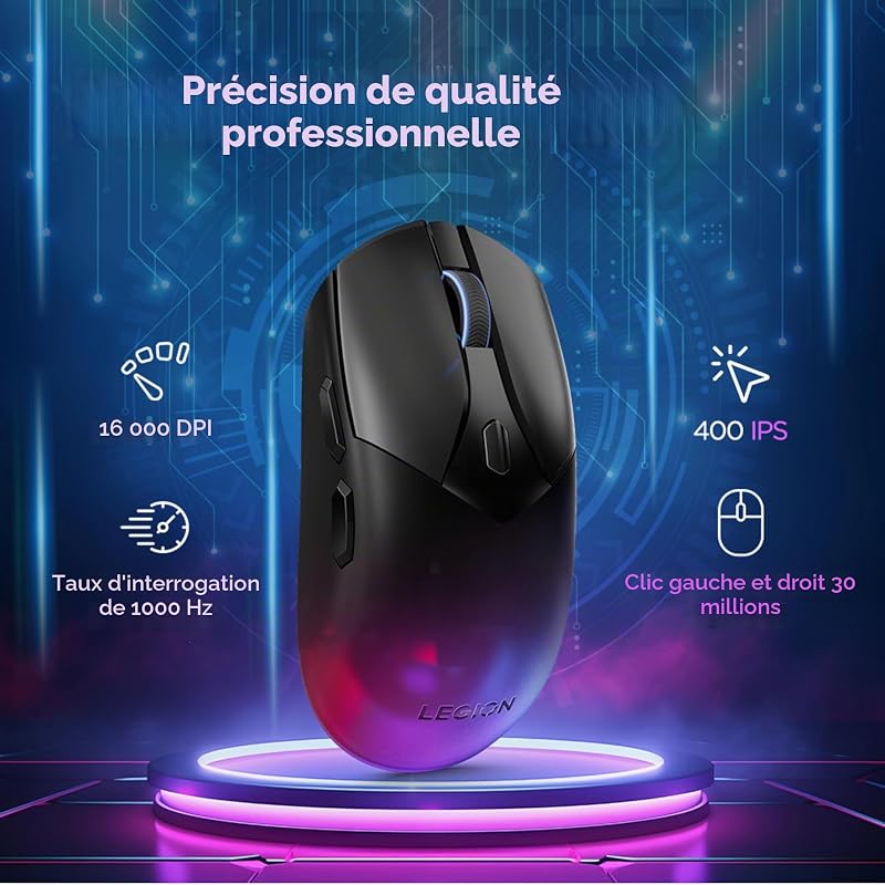 Legion M410 Souris de Gaming sans Fil RGB (6 Boutons, lumière RVB à 2 Zones, 16 000 dpi, 400 IPS, Batterie Rechargeable de 53 Heures, Compatible avec Nvidia Reflex) - Noir Transparent