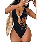 SweatyRocks Women's Cut Out Floral Print One Piece Swimsuit Sexy Deep V Neck Backless Bathing Suit