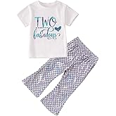 Toddler Girl Birthday Mermaid Outfits 2nd 3rd 4th Birthday Short Sleeve T-Shirt Shiny Flared Pant Set Summer Clothes