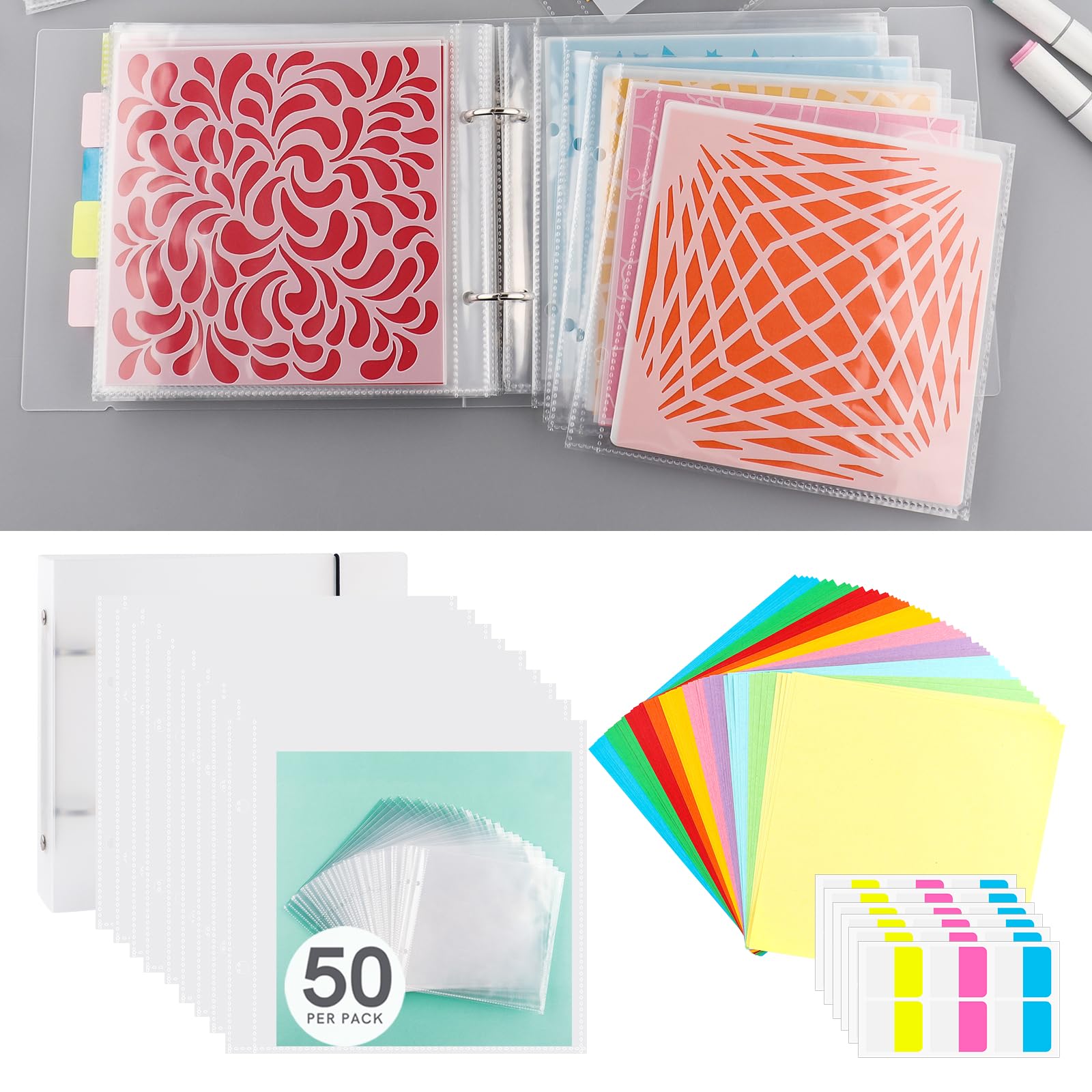 Briartw Cookie Stencil Storage Binder - 6x6inch Stencils, Die Cuts, Scrapbooking, Clear Stamp Storage Folder Organizer - Includes 1 Cover, 50 Sleeve, 50 Backing Paper and 10 Sheets Divider Tabs