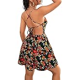 Floerns Women's Floral Print Backless Criss Cross Dress Flowy Boho Cami Short Dresses