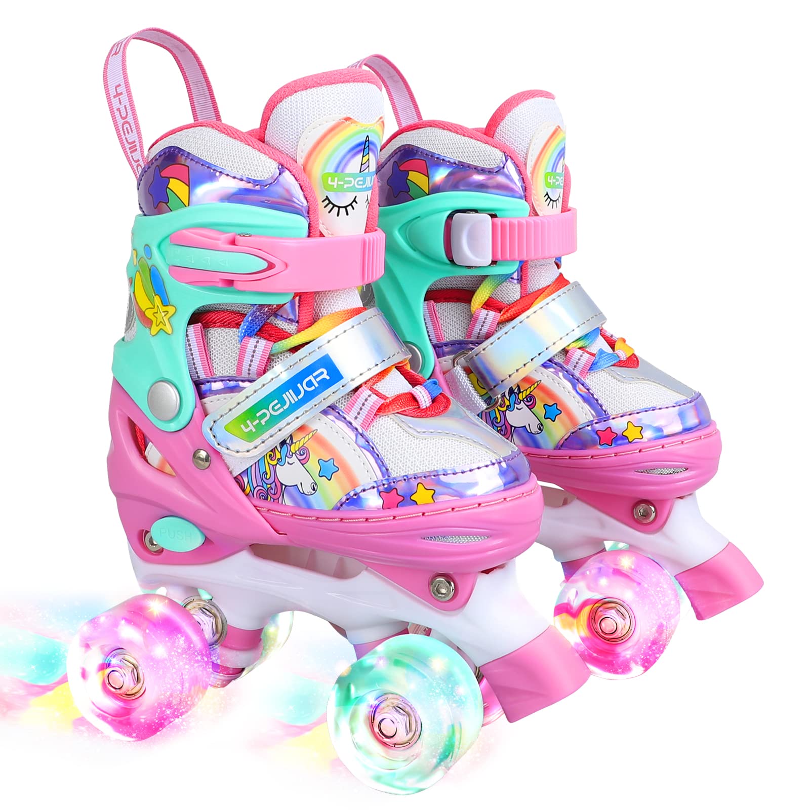 Rainbow Unicorn Kids Roller Skates for Girls Boys Toddler Ages 8-12,4-Pejiijar Adjustable Roller Shoes with Luminous Wheels for Birthday Xmas Gifts. Image