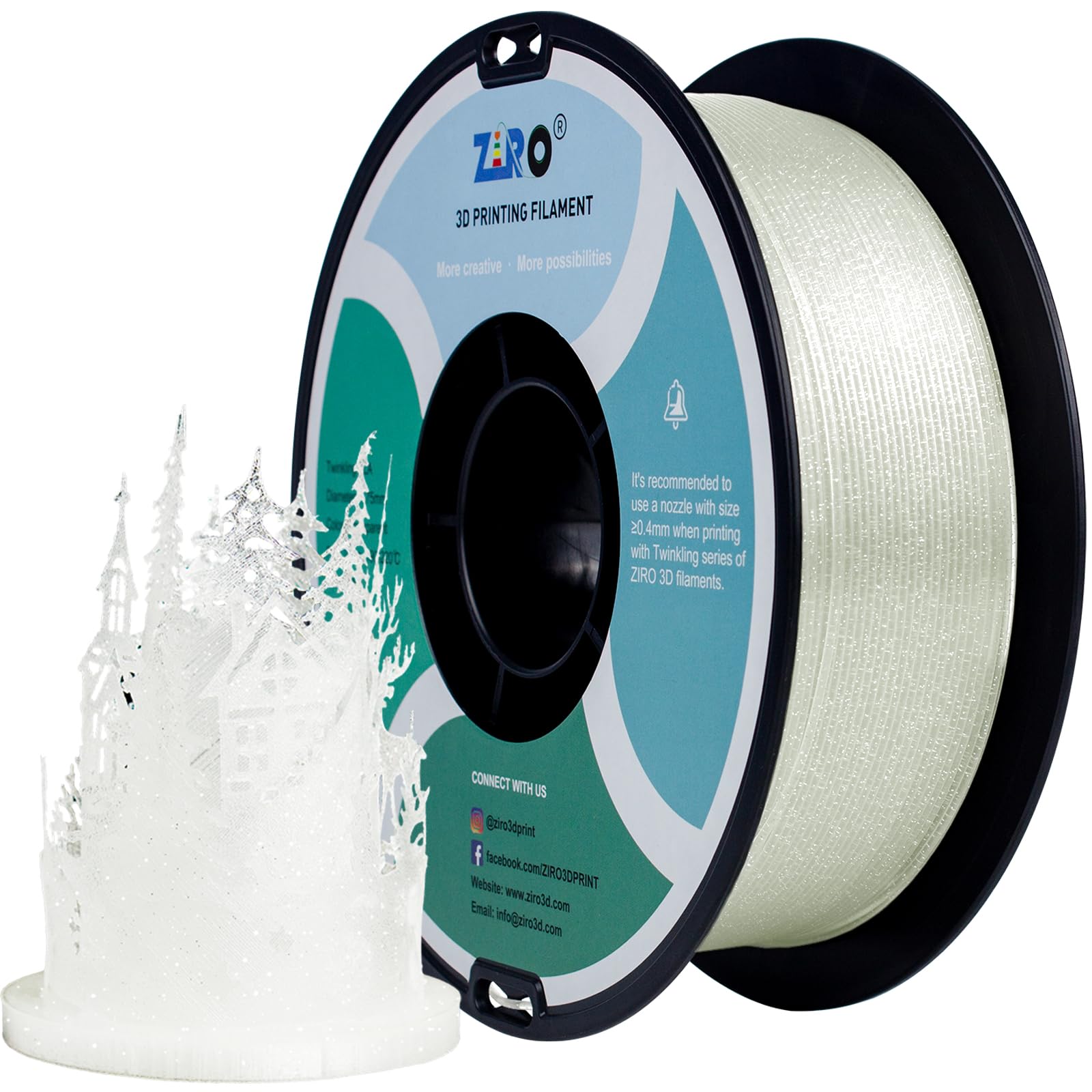 ZIRO PLA Glitter Filament 1.75mm 3D Printer Filament PLA 1.75mm Twinkling Color Series 1kg(2.2lbs), Dimensional Accuracy +/- 0.03mm, Twinkling Transparent