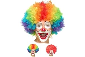 Wrzbest Pack of 2 Funny Clown Curly Afro Wigs, Rainbow Wigs Colorful Clown Wig,Crazy Afro Wig 70's 80's Disco Theme For Little Youth Adult Women Men's Party Halloween Costume Prank (Red, Multicolor)