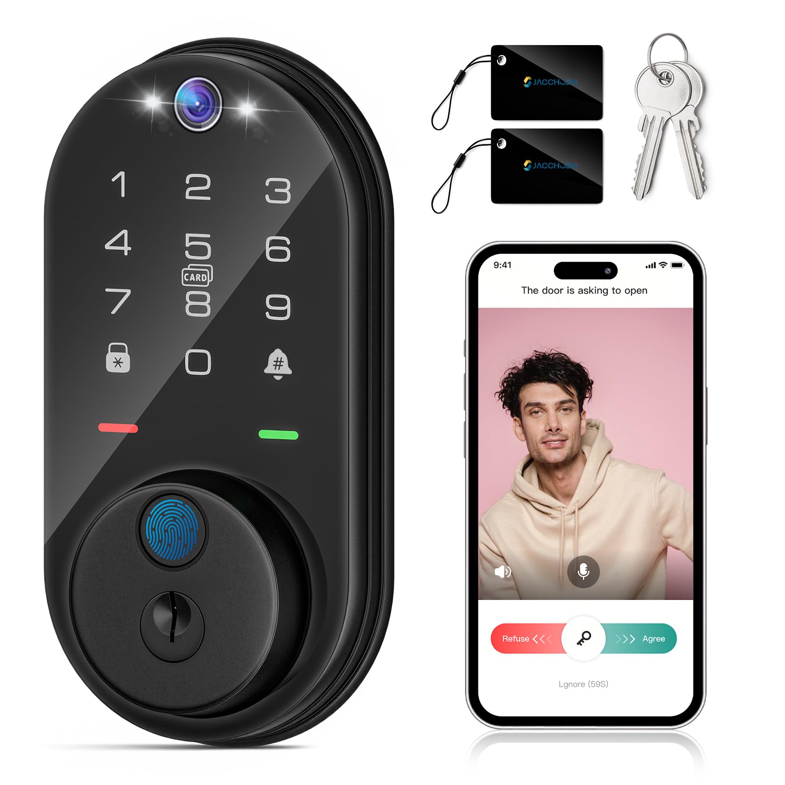 Photo 1 of Jacchozhi Fingerprint Smart Lock with Camera, Keyless Entry Door Lock for Front Door, Video Smart Deadbolt with Doorbell, Built-in 2.4GHz WiFi,2-Way Audio, Tuya APP, IP54 Waterproof, 8 AA Batteries