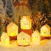 Kosiz 12 Pcs 3D Christmas Village House Set White Xmas Town Decorations with LED String Light Accessories Paper Holiday Rustic House Figurines Scene Desktop Ornament for Home Xmas Village Party Decor