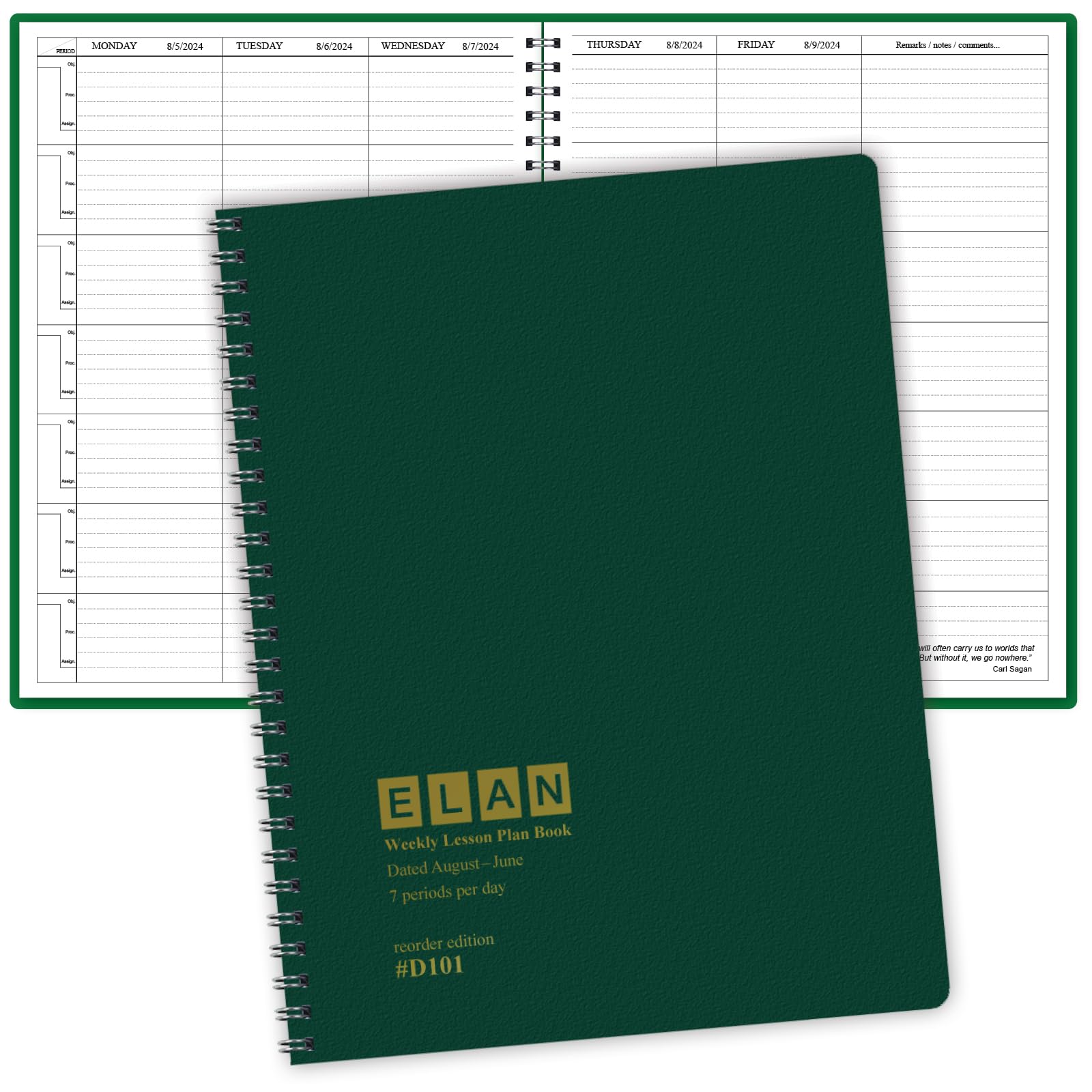 Photo 1 of Elan Publishing Company Dated Teacher Lesson Plan 7 Period: Days Horizontally Across The Top Dated for 2024-2025 Academic Year (Green)