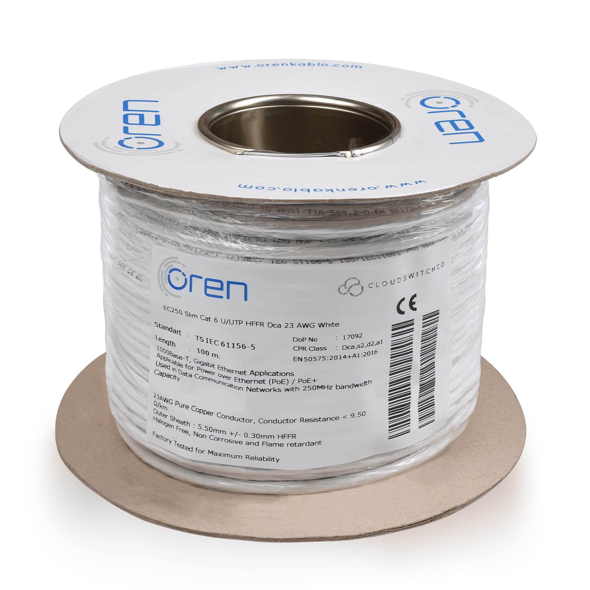 Oren CAT6 100m Ethernet Cable White - Slim - 23 AWG Pure Copper Wire - 250 MHz Bandwidth UTP Internet LAN Network Cable - Halogen Free, Non-Corrosive - Gigabit High Speed Ethernet Cable
