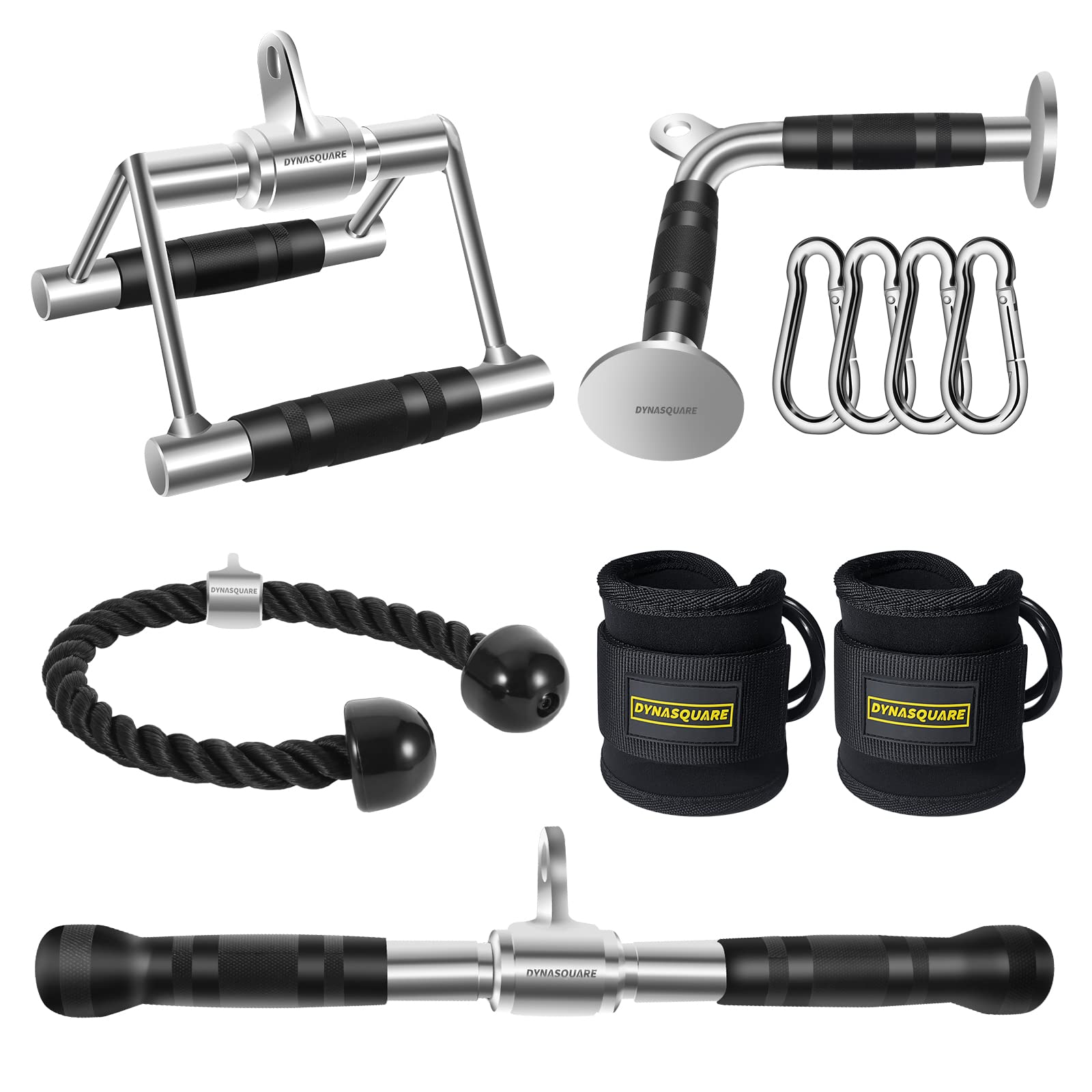 Photo 1 of DYNASQUARE Tricep Press Down Cable Machine Attachment, Heavy Duty Solid Steel Body Training Lat Pulldown Home Gym Accessories, Double D Row Handle, V Bar, Ankle Straps, Tricep Rope, Pull Down Bar