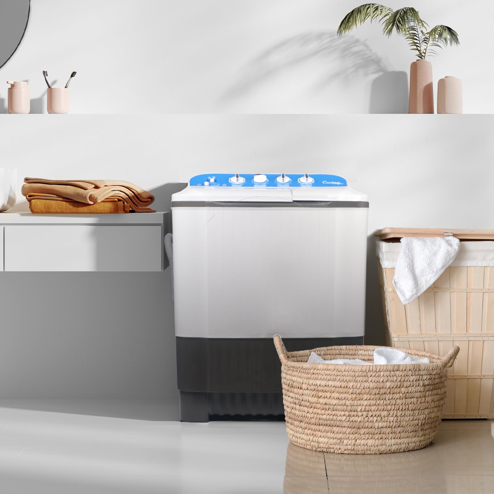 EUASOO 24Lbs Portable Washer and Dryer, Portable Washing Machine, Washer (16Lbs)& Spin(8Lbs)2 in 1 Twin Tub Washer Compact Machine with Drain Pump