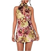 SOLY HUX Women's Floral Print Tie Backless Halter Dress Cut Out Sleeveless Elegant Mini Dresses