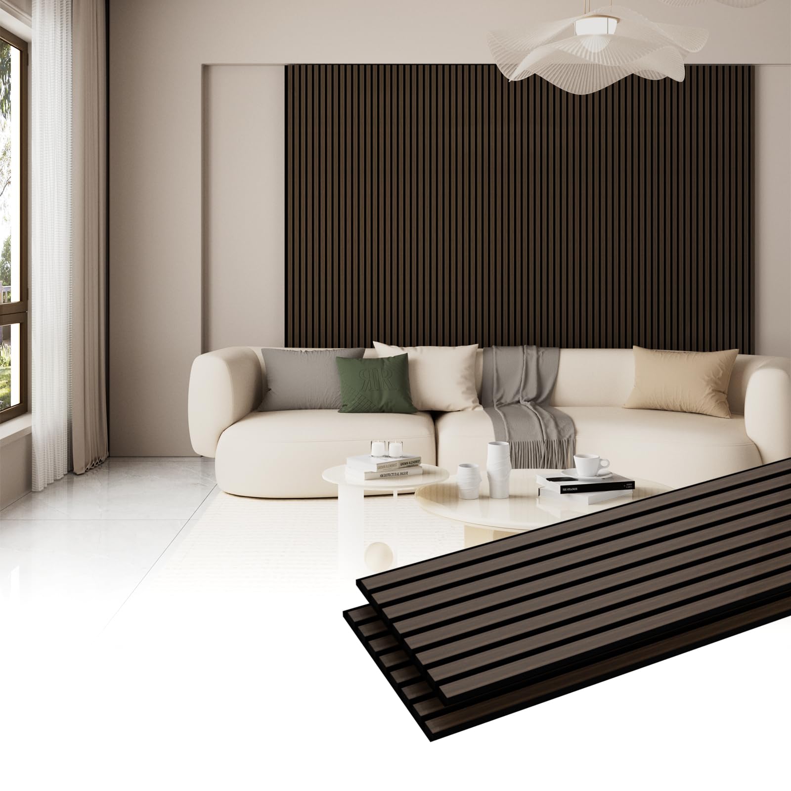 Photo 1 of Bantie Wood Slat Panels for Wall and Ceiling 3D Wall Panels Wood Grain Acoustic Panels for Home Decor and Noise Reduction (Black oak/2pcs)