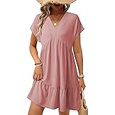 Acelitt Women's Summer Dresses 2026 Beach Casual Deep V Neck Loose Sundress Short Sleeve Mini Dress with Pockets(Size Down)