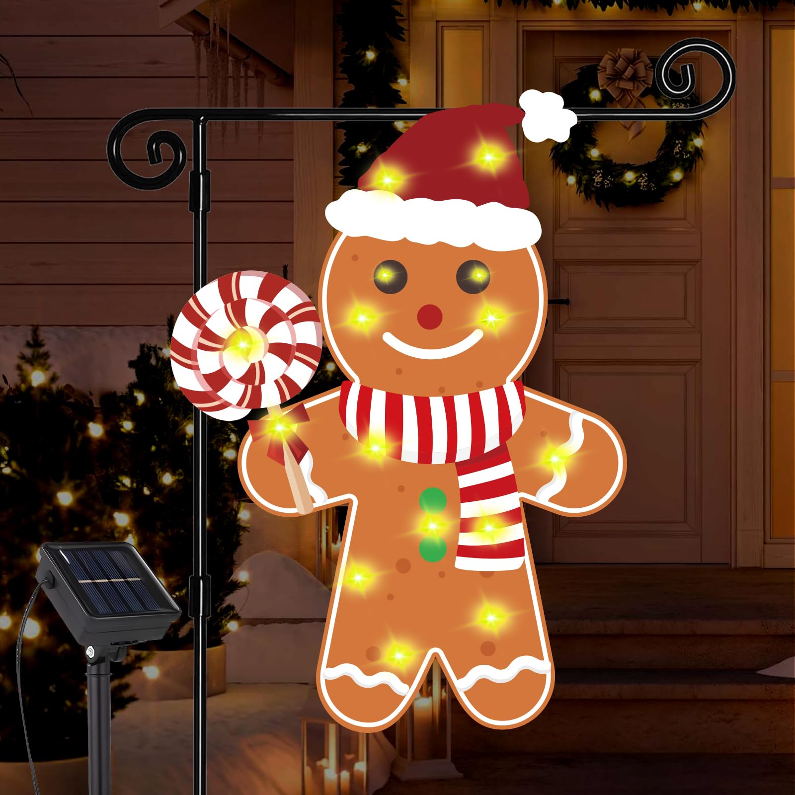 Photo 1 of GOAUS Gingerbread Man Garden Flag Solar Lighted, Ginger Bread Christmas Decorations Outdoor, 12x18 Inches Double Sided Oxford Decorative Flag for Yard Outside Decor Boy