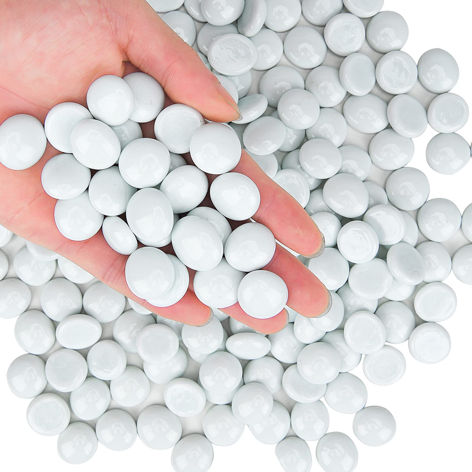 Hisredsun 290pcs White Glass Pebbles,1.35kg Flat Marble Beads,Vase Filler Stones Fire Glass Pebbles Artificial Crystal Gemstones Decorative Stones River Pebbles for Aquarium, Flowerpot, Landscaping