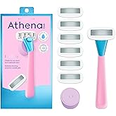 Athena Club Women’s Razor Kit, 5-Blade Cartridge Razor for Sensitive Skin, Serum-Infused Blades with Shea Butter and Hyaluronic Acid, Includes Handle, 6 Refills and Magnetic Shower Hook - Pool Party