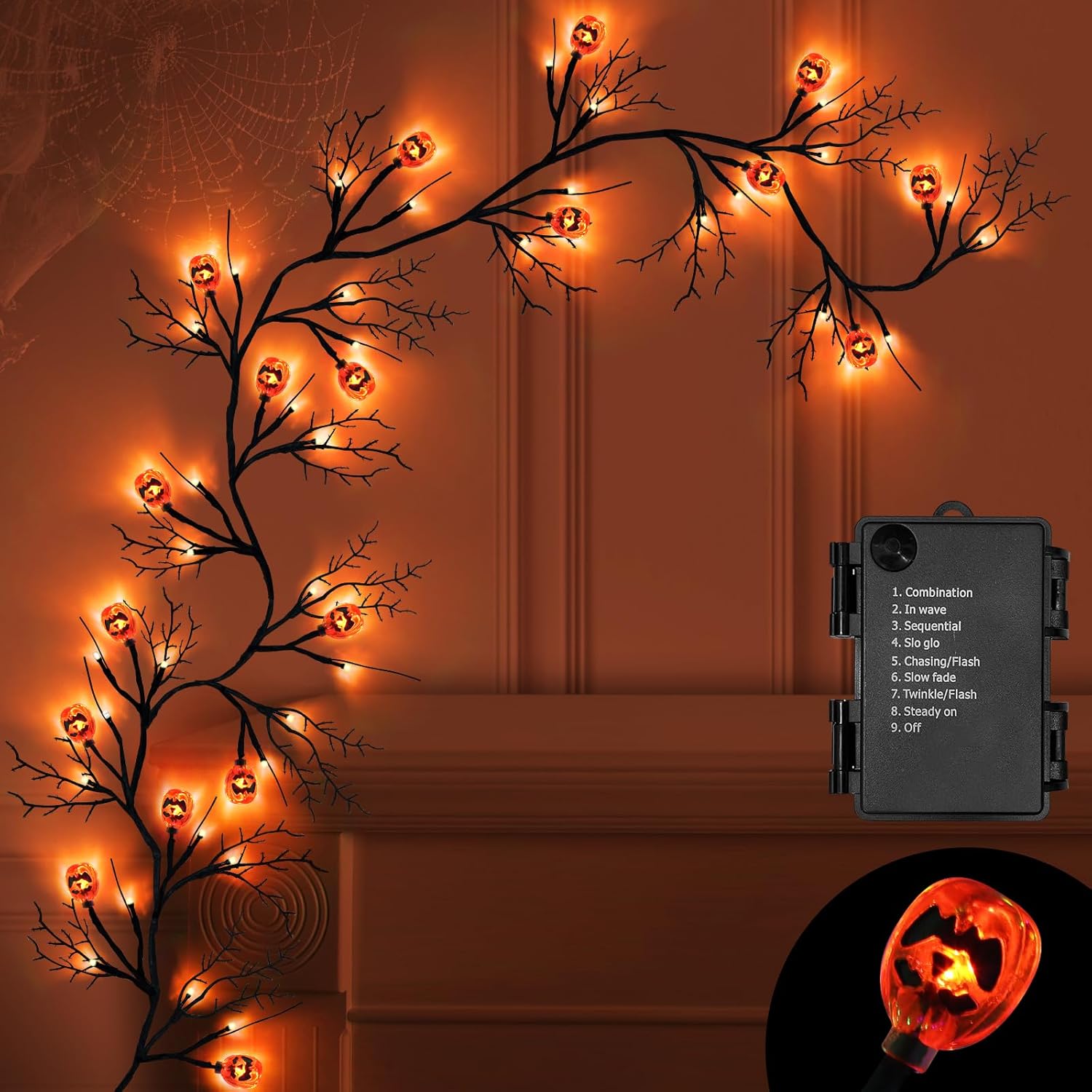 Wreaths, Garlands & Swags - SURCVIO [8 Modes & Timer] 6 Ft 54 LED Halloween Willow Vine Twig Decor Garland with 18 Pumpkins Orange Lights Waterproof Battery Operated Halloween Decorations for Home Wall Mantle Fireplace Decor