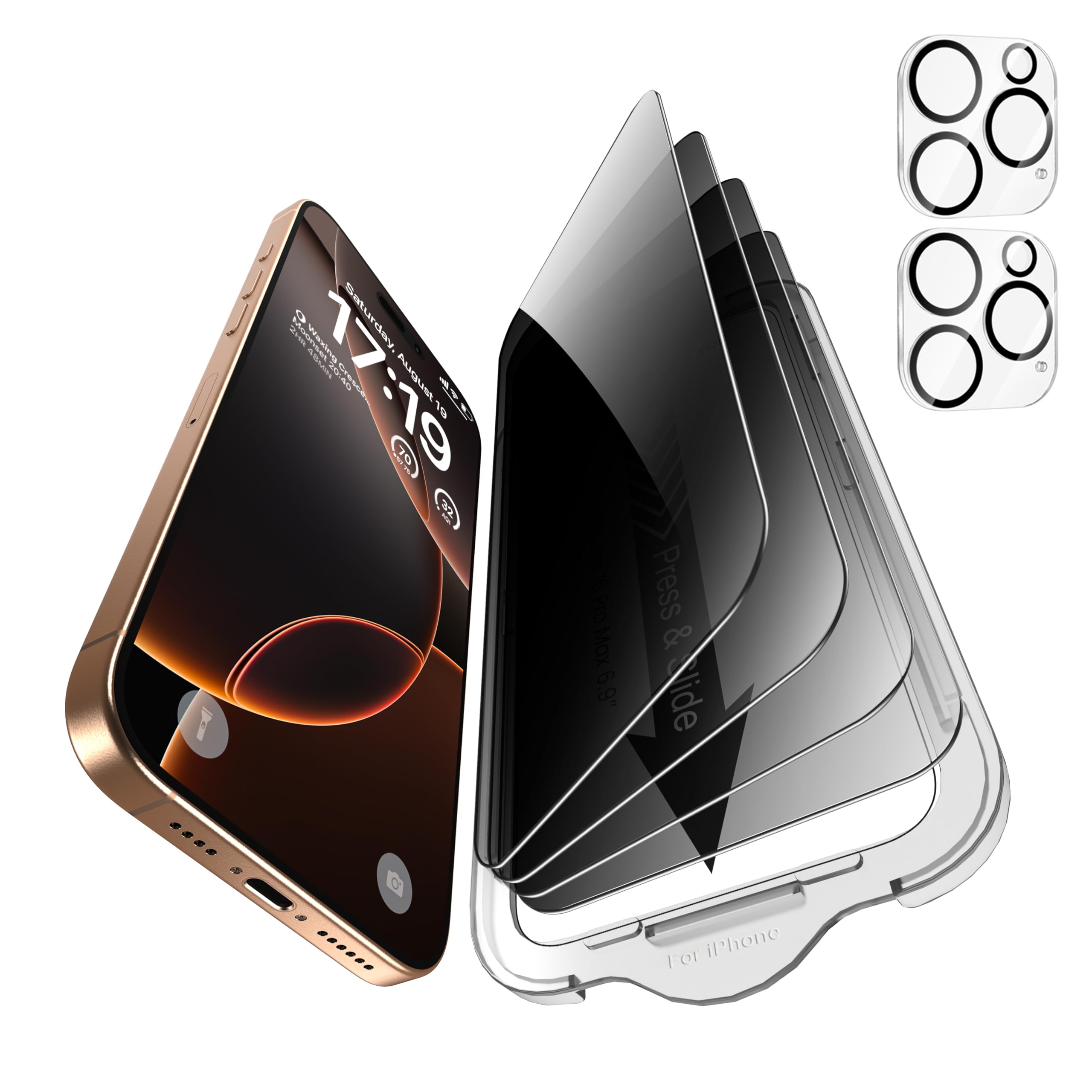 Photo 1 of EZ-GLAZ- 4 Pack for iPhone 16 Pro Max Privacy Screen Protector [6.9"] With 2 Pack Camera Lens Protector, 9H+ Hardness 12FT Military Grade Shatterproof Scratch Resistant Durable Tempered Glass Film with Flawless Fit Kit