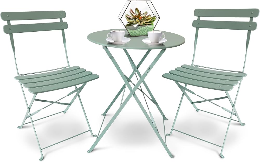 SUNMER 3 Piece Patio Bistro Set - Foldable Table & Chairs, Mint Green