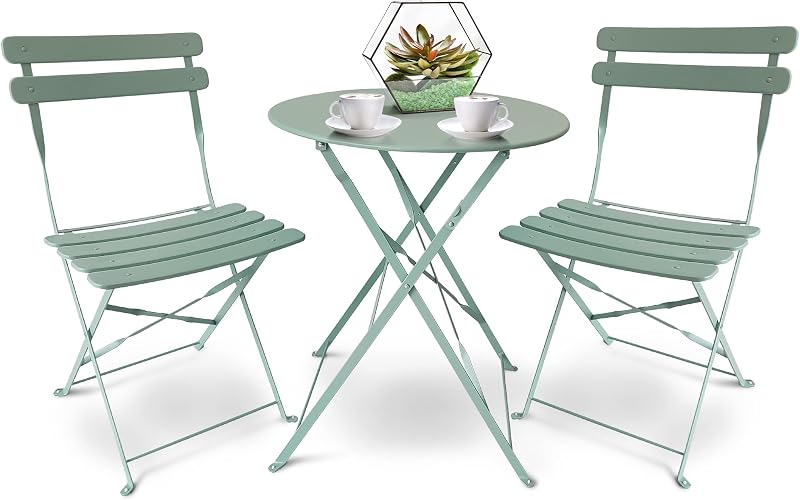 SUNMER 3 Piece Patio Bistro Set - Foldable Table & Chairs, Mint Green