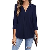 Newchoice Womens Collared V Neck 3/4 Sleeve Shirts Business Casual Tops Loose Work Blouses (M-3XL)
