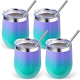 Volhoply 12oz Stainless Steel Wine Tumbler with Lid Bulk 4 Pack,Double Wall Vacuum Stemless Wine Glasses,Reusable Metal Travel Coffe Mug with Straw,Insulated Cup Gifts for Women（Purple Green,4 Set）