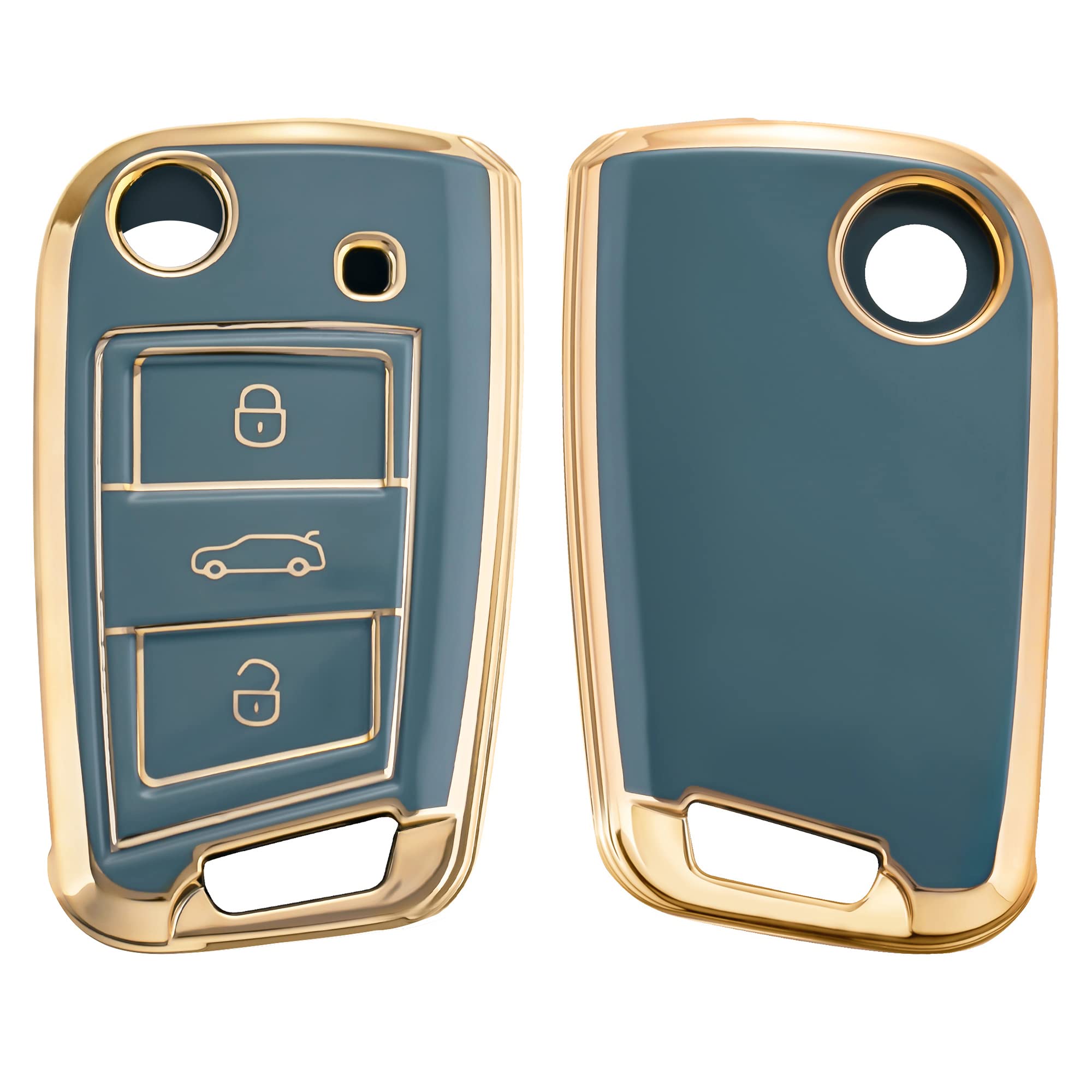 kwmobile Key Cover Compatible with VW Golf 7 MK7 3 Button Car Key - Car Key Fob Case Protector - Blue/Gold