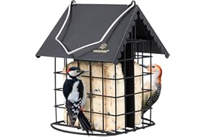 Kingsyard Cute Suet Feeder with Weatherproof Roof, All Metal, Two Suet Capacity, Outdoor Cage Bird Feeder for Wild Bird, w/Ha