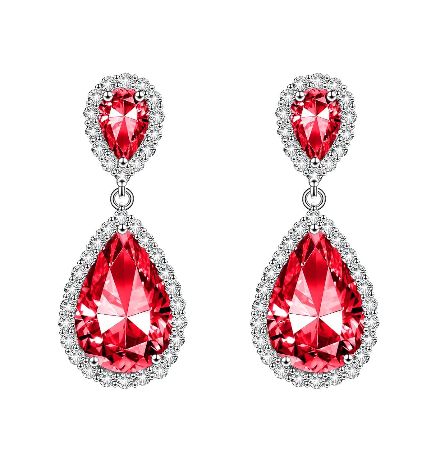 KristLand Silver Tone Elegent 18k White Gold Plated Sparkle Cubic Zirconia Stone Water Drop Dangle Studding Drop Earrings Red
