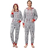 URMAGIC Matching Couple Pajamas Christmas Pajamas for Women Mens Adult Pjs Xmas One Piece Sleepwear Hooded Zipper Jumpsuit